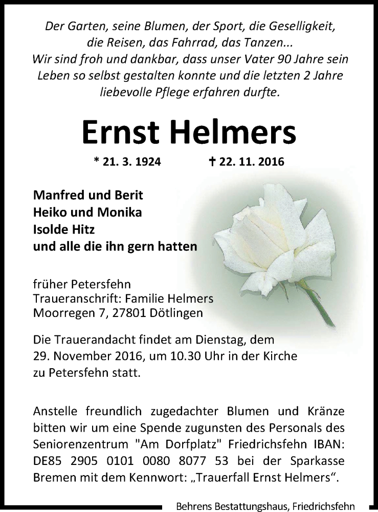  Traueranzeige für Ernst Helmers vom 24.11.2016 aus Nordwest-Zeitung