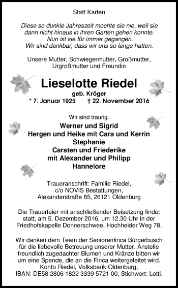 Traueranzeige von Lieselotte Riedel von Nordwest-Zeitung