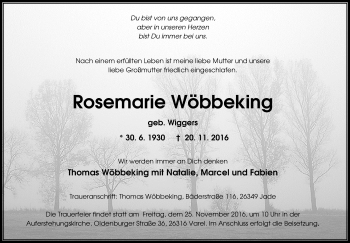 Traueranzeige von Rosemarie Wöbbeking von Nordwest-Zeitung