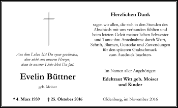 Traueranzeige von Evelin Büttner von Nordwest-Zeitung