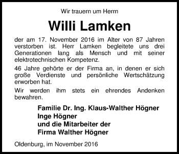 Traueranzeige von Willi Lamken von Nordwest-Zeitung