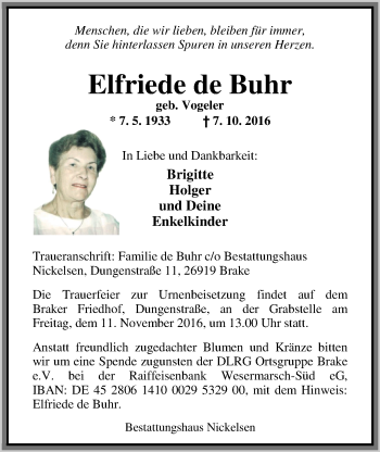 Traueranzeige von Elfriede  de Buhr von Nordwest-Zeitung