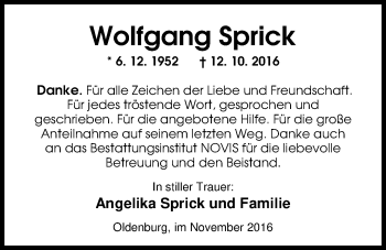 Traueranzeige von Wolfgang Sprick von Nordwest-Zeitung