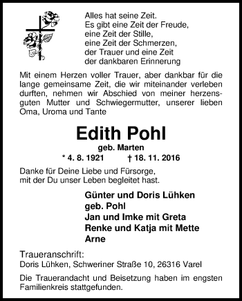 Traueranzeige von Edith Pohl von Nordwest-Zeitung