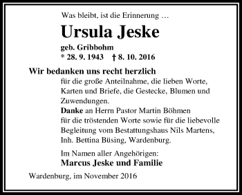 Traueranzeige von Ursula Jeske von Nordwest-Zeitung