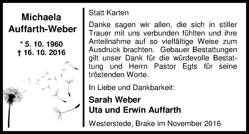  Traueranzeige für Michaela Auffarth-Weber vom 26.11.2016 aus Nordwest-Zeitung