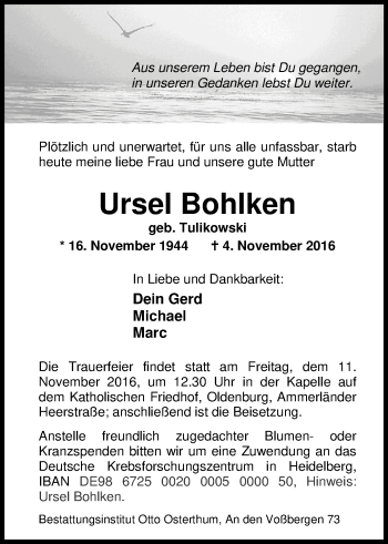 Traueranzeige von Ursel Bohlken von Nordwest-Zeitung