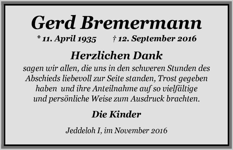  Traueranzeige für Gerd Bremermannk vom 03.11.2016 aus Nordwest-Zeitung