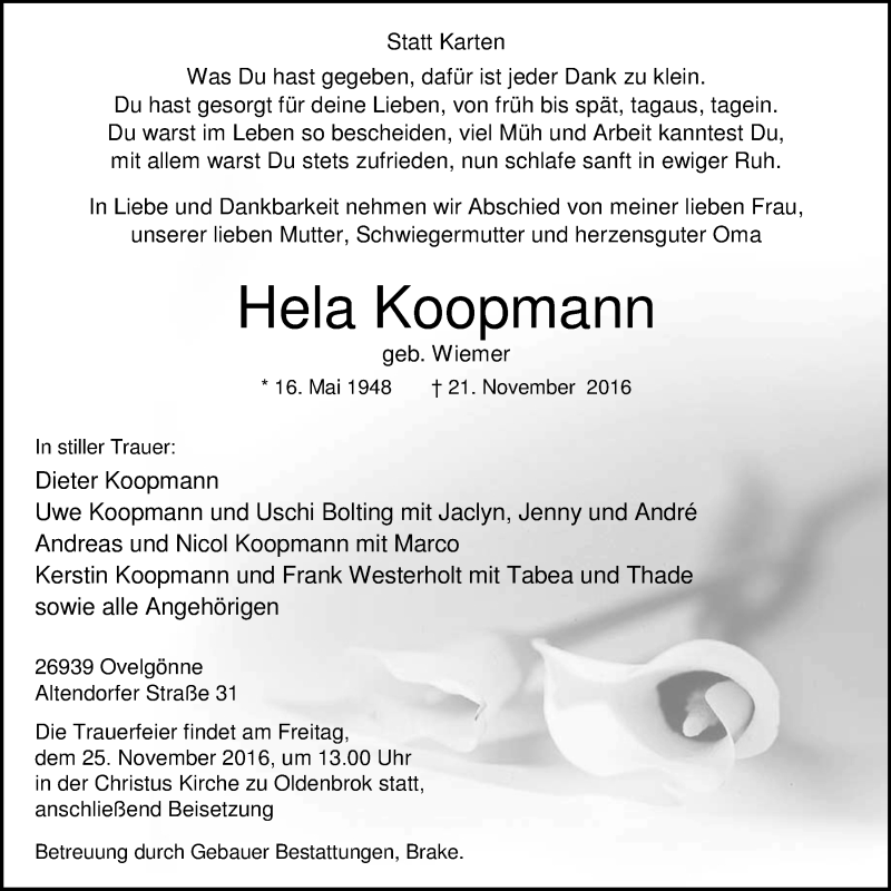  Traueranzeige für Hela Koopmann vom 23.11.2016 aus Nordwest-Zeitung