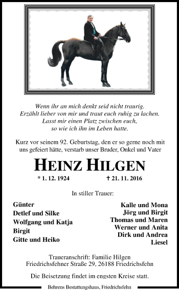 Traueranzeige von Heinz Hilgen von Nordwest-Zeitung