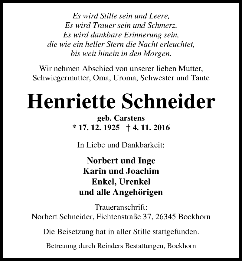  Traueranzeige für Henriette Schneider vom 09.11.2016 aus Nordwest-Zeitung