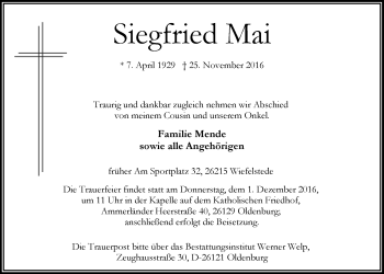 Traueranzeige von Siegfried Mai von Nordwest-Zeitung
