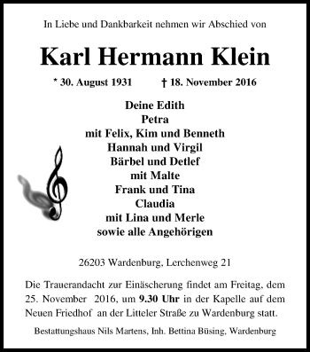 Traueranzeige von Karl Hermann Klein von Nordwest-Zeitung