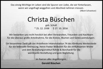 Traueranzeige von Christa Büschen von Nordwest-Zeitung