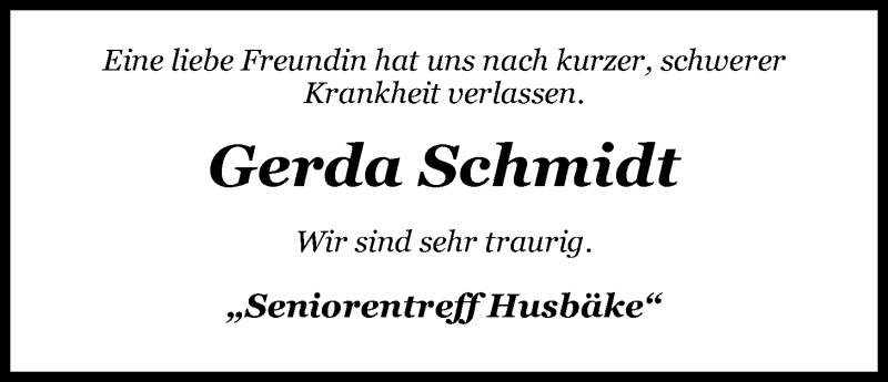  Traueranzeige für Gerda Schmidt vom 16.11.2016 aus Nordwest-Zeitung