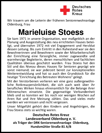 Traueranzeige von Marieluise Stoess von Nordwest-Zeitung