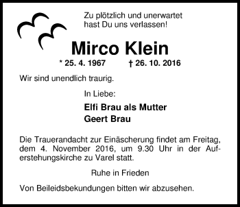 Traueranzeige von Mirco Klein von Nordwest-Zeitung