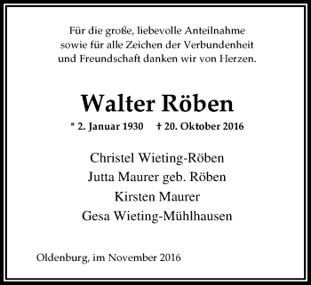 Traueranzeige von Walter Röben von Nordwest-Zeitung