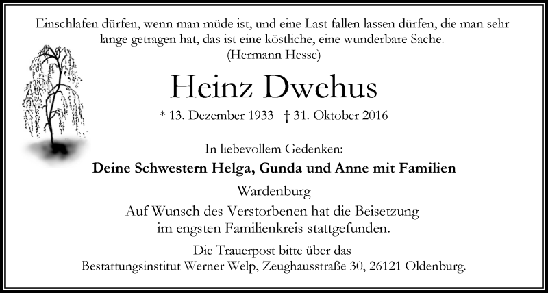  Traueranzeige für Heinz-Georg Dwehus vom 26.11.2016 aus Nordwest-Zeitung
