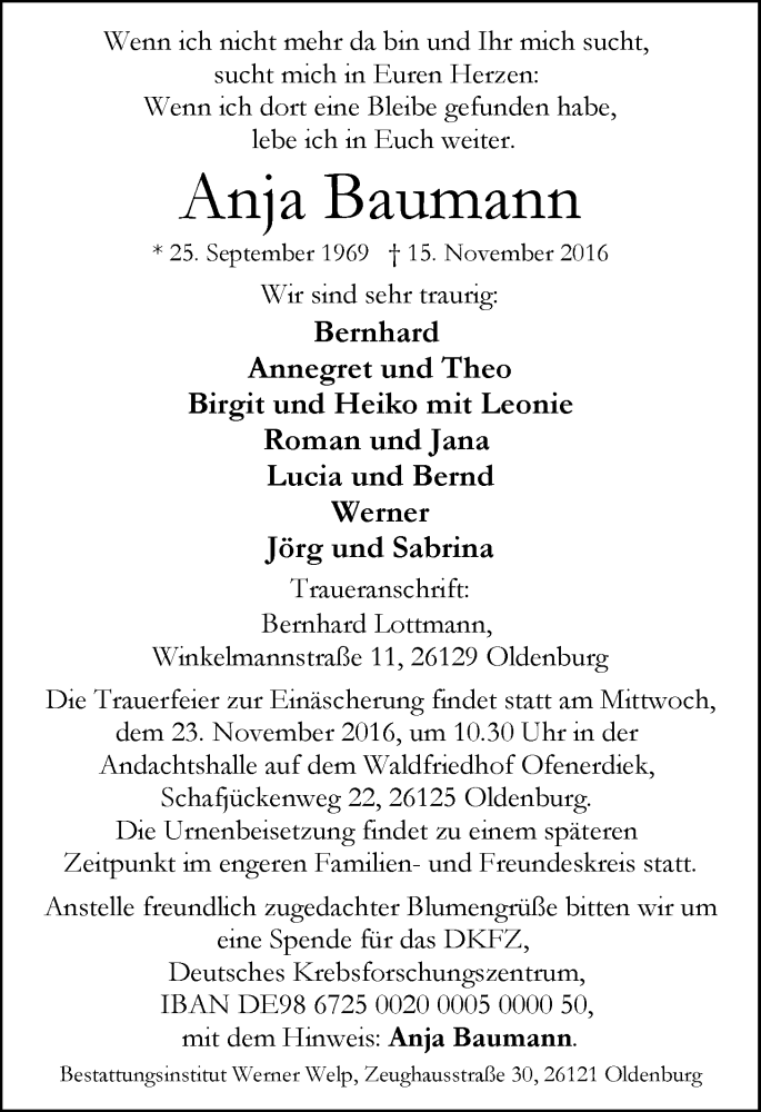  Traueranzeige für Anja Baumann vom 18.11.2016 aus Nordwest-Zeitung