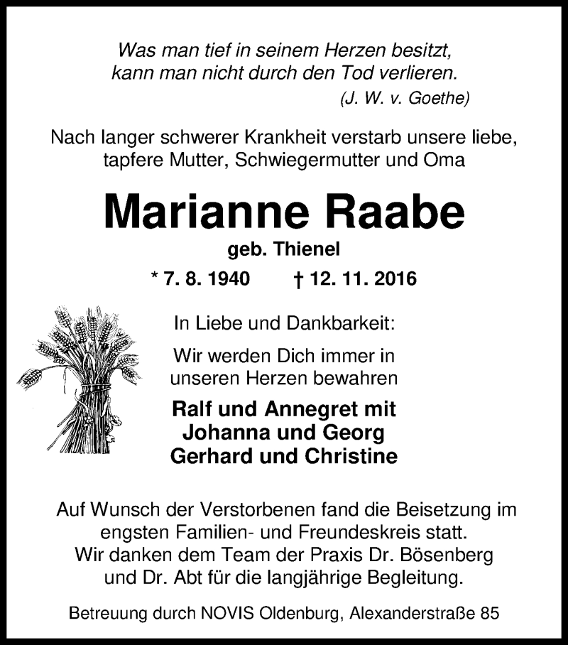  Traueranzeige für Marianne Raabe vom 26.11.2016 aus Nordwest-Zeitung