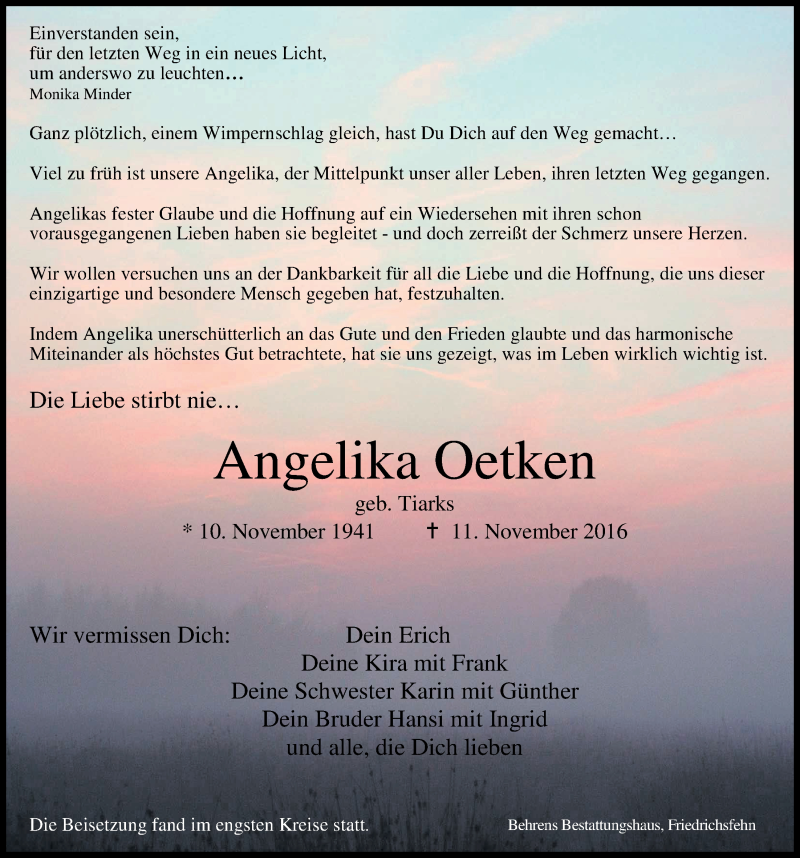  Traueranzeige für Angelika Oetken vom 23.11.2016 aus Nordwest-Zeitung