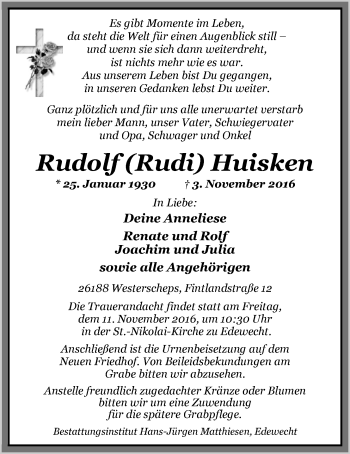 Traueranzeige von Rudolf Huisken von Nordwest-Zeitung