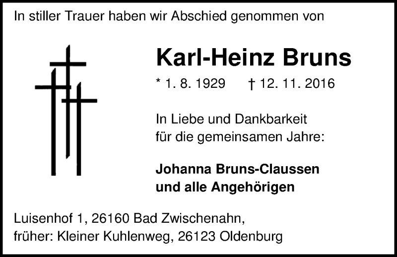  Traueranzeige für Karl-Heinz Bruns vom 25.11.2016 aus Nordwest-Zeitung