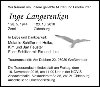 Traueranzeige von Inge Langerenken von Nordwest-Zeitung
