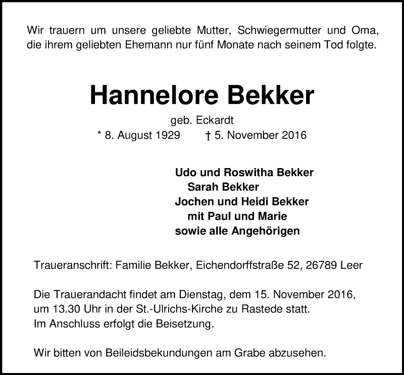  Traueranzeige für Hannelore Bekker vom 09.11.2016 aus Nordwest-Zeitung