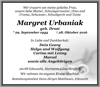 Traueranzeige von Margret Urbaniak von Nordwest-Zeitung