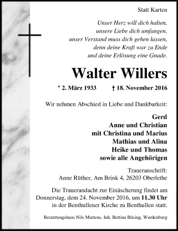 Traueranzeige von Walter Willers von Nordwest-Zeitung