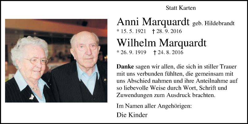  Traueranzeige für Wilhelm Marquardt vom 05.11.2016 aus Nordwest-Zeitung