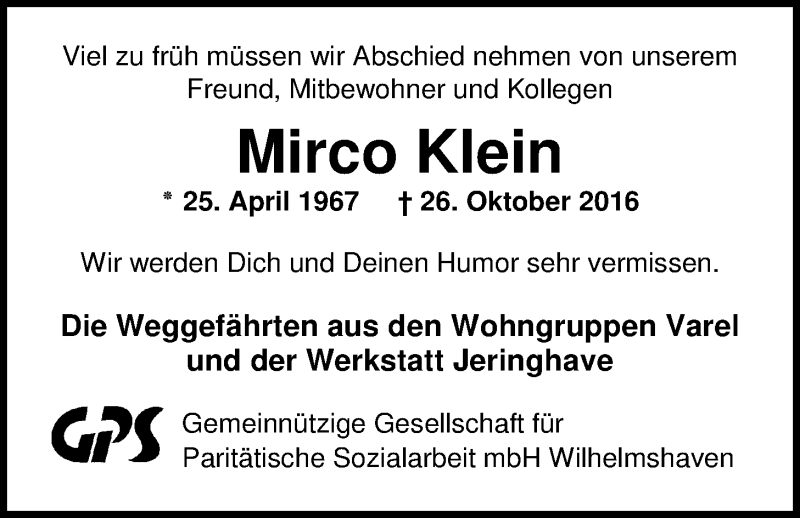  Traueranzeige für Mirco Klein vom 02.11.2016 aus Nordwest-Zeitung