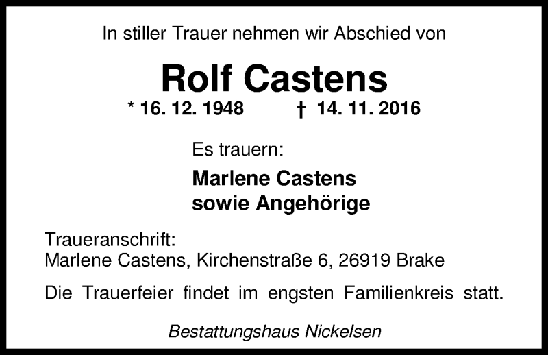  Traueranzeige für Rolf Castens vom 21.11.2016 aus Nordwest-Zeitung