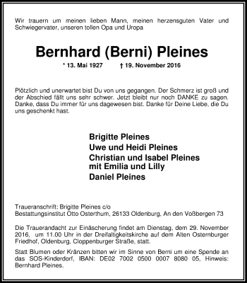 Traueranzeige von Bernhard (Berni) Pleines von Nordwest-Zeitung