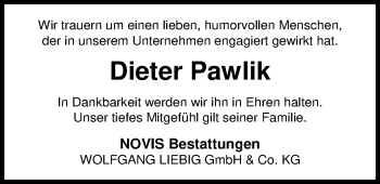 Traueranzeige von Dieter Pawlik von Nordwest-Zeitung