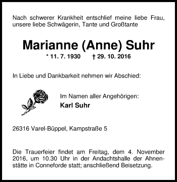 Traueranzeige von Marianne Suhr von Nordwest-Zeitung