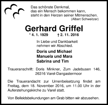 Traueranzeige von Gerhard Griffel von Nordwest-Zeitung