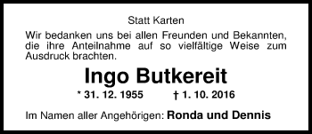 Traueranzeige von Ingo Butkereit von Nordwest-Zeitung