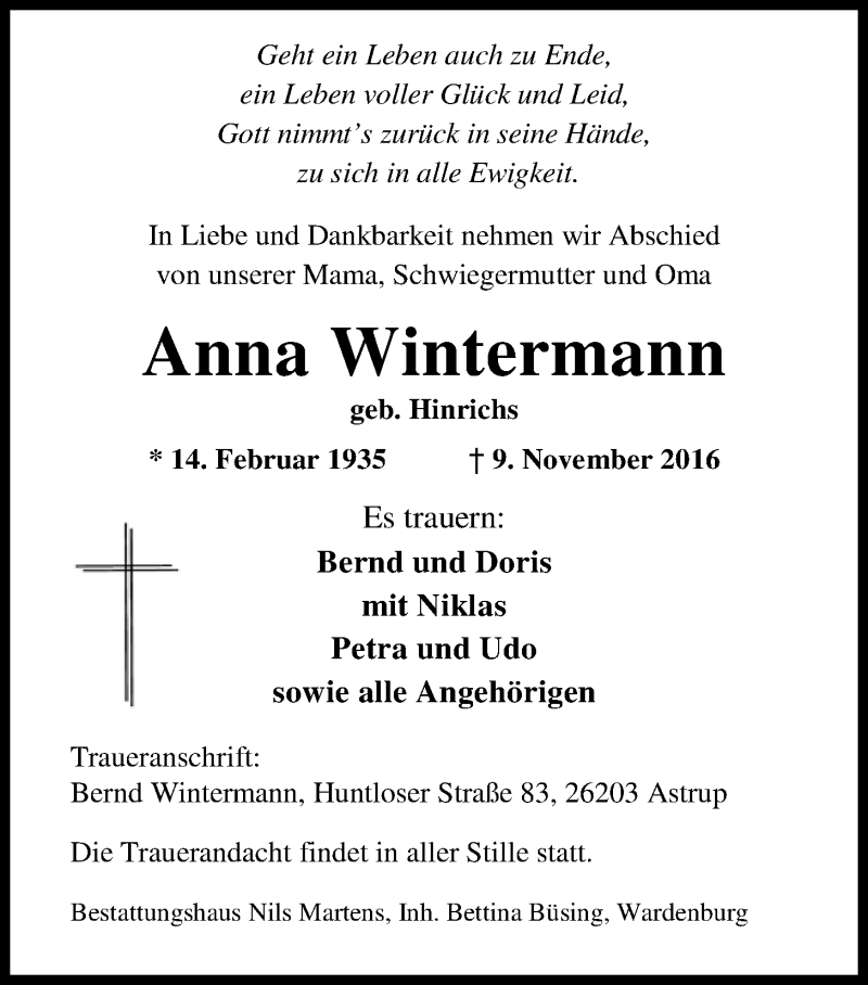  Traueranzeige für Anna Wintermann vom 12.11.2016 aus Nordwest-Zeitung