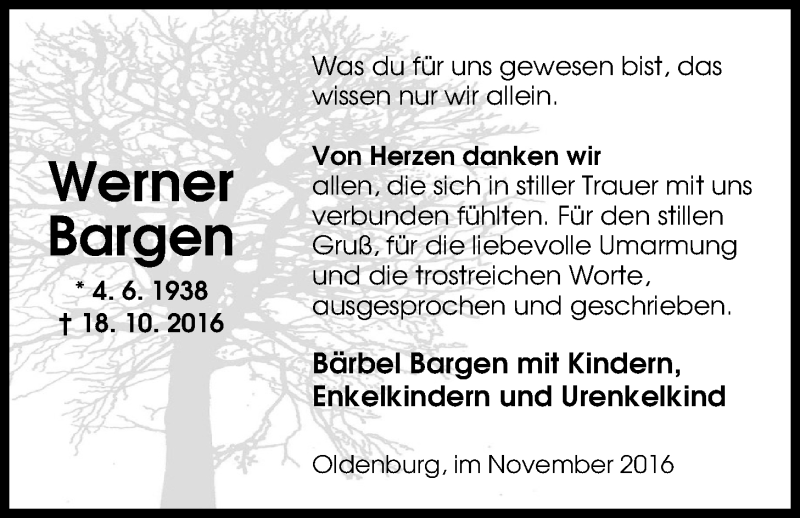  Traueranzeige für Werner Bargen vom 19.11.2016 aus Nordwest-Zeitung