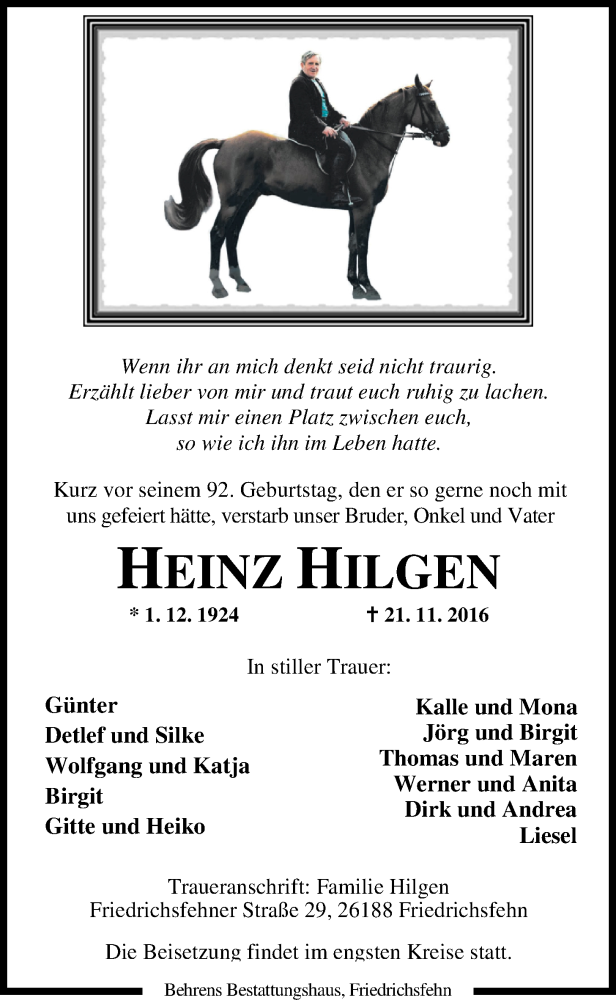  Traueranzeige für Heinz Hilgen vom 25.11.2016 aus Nordwest-Zeitung