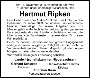 Traueranzeige von Hartmut Ripken von Nordwest-Zeitung