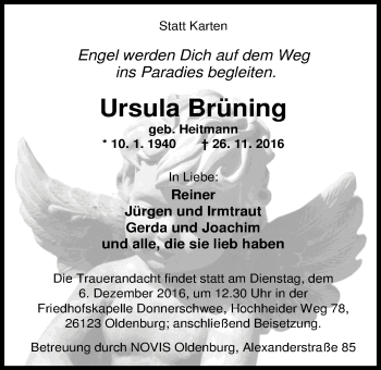 Traueranzeige von Ursula Brüning von Nordwest-Zeitung