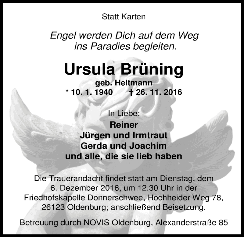  Traueranzeige für Ursula Brüning vom 30.11.2016 aus Nordwest-Zeitung