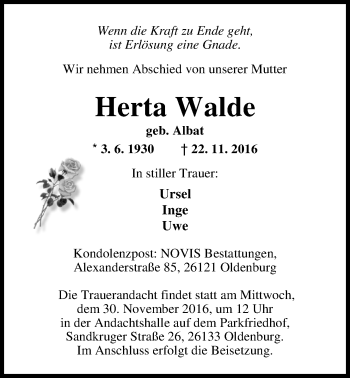 Traueranzeige von Herta Walde von Nordwest-Zeitung