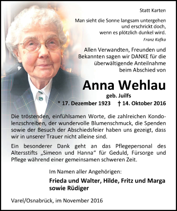 Traueranzeige von Anna Wehlau von Nordwest-Zeitung