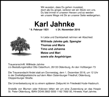 Traueranzeige von Karl Jahnke von Nordwest-Zeitung