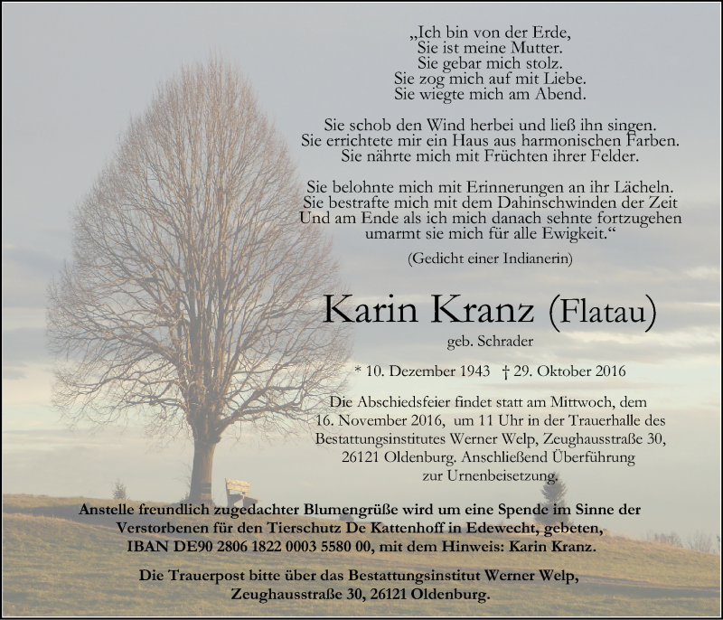  Traueranzeige für Karin Kranz vom 12.11.2016 aus Nordwest-Zeitung